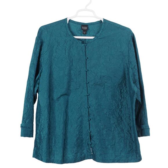 Eileen Fisher Tops - Eileen Fisher Top Women 2X Teal Blue Crinkle Silk Button Up Blouse